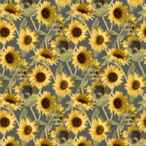 Warm Yellow Sunflowers on Neutral Olive Grey Small Print