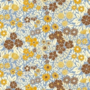 Small - Whimsical Flowers - Soft Amulet Blue - Cottagecore Farmhouse - Brown and yellow on golden brown Retro Spring Floral