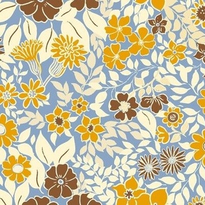 Medium - Whimsical Flowers - Soft Amulet Blue - Cottagecore Farmhouse - Brown and yellow on golden brown Retro Spring Floral