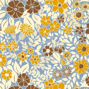 Large - Whimsical Flowers - Soft Amulet Blue - Cottagecore Farmhouse - Brown and yellow on golden brown Retro Spring Floral