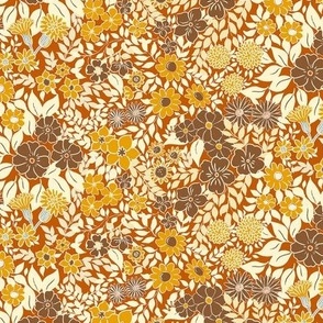 Small - Whimsical Flowers - Fall orange brown - Cottagecore Farmhouse - Brown and yellow on golden brown Retro Spring Floral