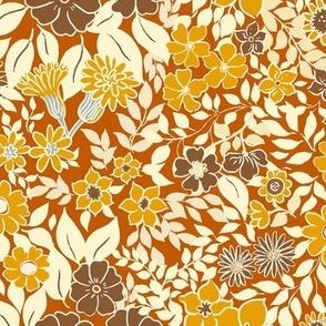 Medium - Whimsical Flowers - Fall orange brown - Cottagecore Farmhouse - Brown and yellow on golden brown Retro Spring Floral