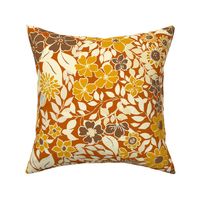 Large - Whimsical Flowers - Fall orange brown - Cottagecore Farmhouse - Brown and yellow on golden brown Retro Spring Floral