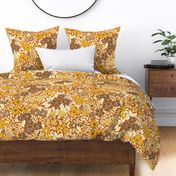 Large - Whimsical Flowers - Fall orange brown - Cottagecore Farmhouse - Brown and yellow on golden brown Retro Spring Floral