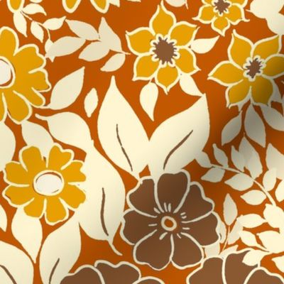 Large - Whimsical Flowers - Fall orange brown - Cottagecore Farmhouse - Brown and yellow on golden brown Retro Spring Floral