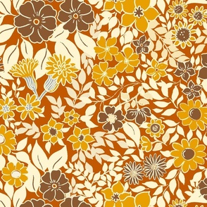 Large - Whimsical Flowers - Fall orange brown - Cottagecore Farmhouse - Brown and yellow on golden brown Retro Spring Floral