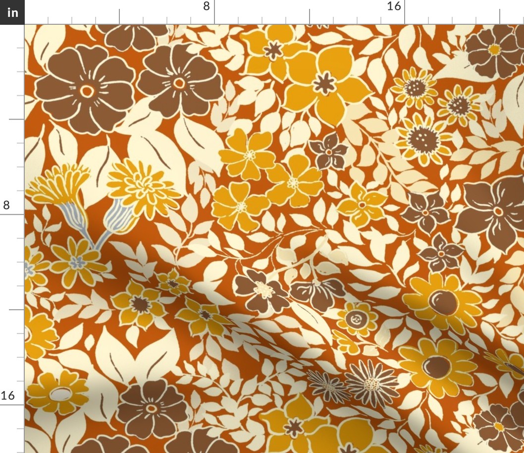 Large - Whimsical Flowers - Fall orange brown - Cottagecore Farmhouse - Brown and yellow on golden brown Retro Spring Floral