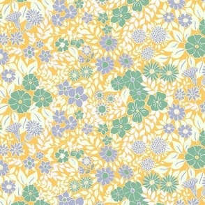 Small - Whimsical Flowers - Samoan Sun yellow - Cottagecore Farmhouse - Purple Blue yellow Green Retro Spring Floral