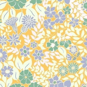 Medium - Whimsical Flowers - Samoan Sun yellow - Cottagecore Farmhouse - Purple Blue yellow Green Retro Spring Floral