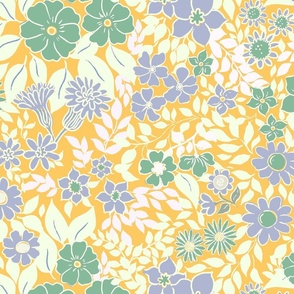 Large - Whimsical Flowers - Samoan Sun yellow - Cottagecore Farmhouse - Purple Blue yellow Green Retro Spring Floral