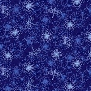 Lily Ponds & Dragonflies - SMALL - Mono Dark Navy Blue