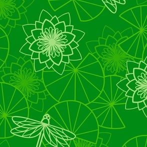 XL - Green lily pond & Dragonflies - jumbo calm floral water lilies