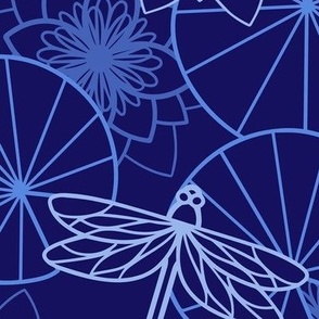 Lily Ponds & Dragonflies - XL - Mono Dark Navy Blue