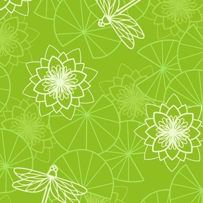 XL - Lime lily pond & Dragonflies - jumbo green calm floral water lilies