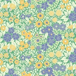 Small - Whimsical Flowers - Summer green - Cottagecore Farmhouse - Purple Blue yellow Green Retro Spring Floral