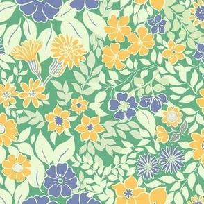 Medium - Whimsical Flowers - Summer green - Cottagecore Farmhouse - Purple Blue yellow Green Retro Spring Floral