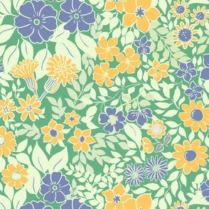 Large - Whimsical Flowers - Summer green - Cottagecore Farmhouse - Purple Blue yellow Green Retro Spring Floral