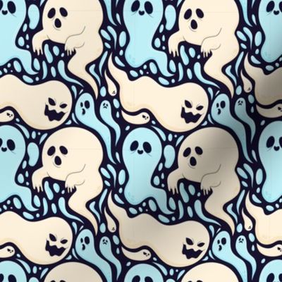 Halloween Fabric Cute Ghosts Kids Black White Blue