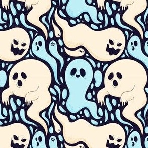 Halloween Fabric Cute Ghosts Kids Black White Blue
