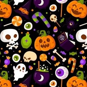 Halloween Fabric Cute Ghosts Kids Bones Eyeballs Candy Black