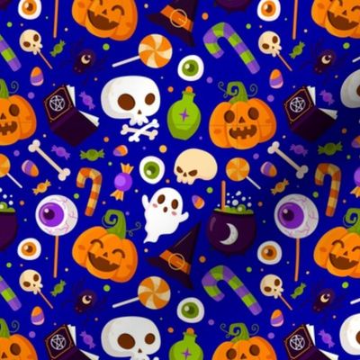 Halloween Fabric Cute Ghosts Kids Bones Eyeballs Candy Blue