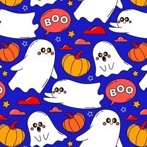 Halloween Fabric Cute Ghosts Kids Boo Pumpkins Blue