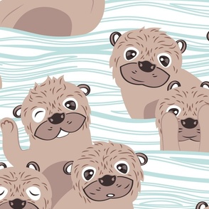  Large jumbo scale // Otters dazzling the audience // white background with waves dark vanilla brown cute animals