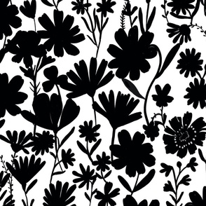 Large - Silhouette flowers - black and white - Painterly meadow floral