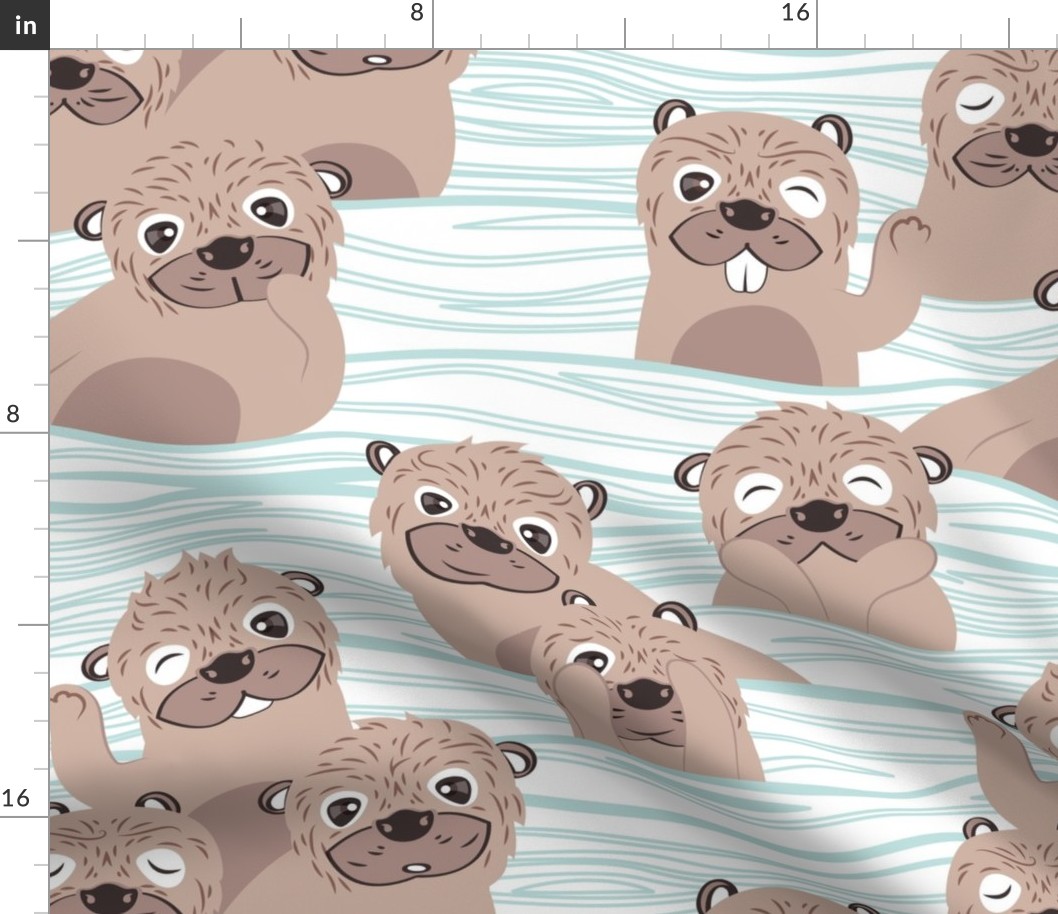  Normal scale // Otters dazzling the audience // white background with waves dark vanilla brown cute animals