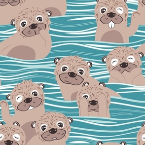 Normal scale // Otters dazzling the audience // steel blue background dark vanilla brown cute animals