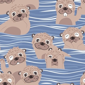 Normal scale // Otters dazzling the audience // shadow blue background dark vanilla brown cute animals