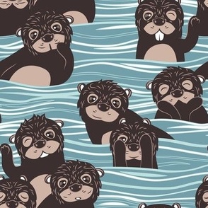 Small scale // Otters dazzling the audience // neptune blue background brown cute animals