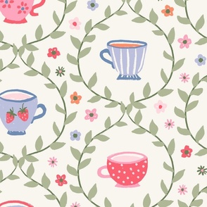 Spring garden tea party floral strawberry leaves blue pink green on cream - EXTRA LARGE SCALE