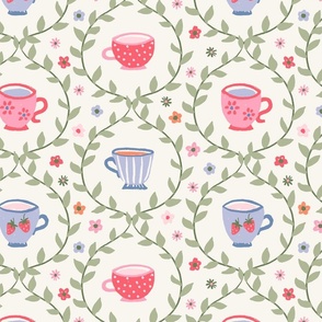 Spring garden tea party floral strawberry leaves blue pink green on cream - LARGE SCALE