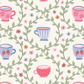 Spring garden tea party floral strawberry leaves blue pink green on cream - MEDIUM SCALE