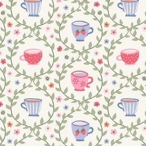 Spring garden tea party floral strawberry leaves blue pink green on cream - SMALL SCALE
