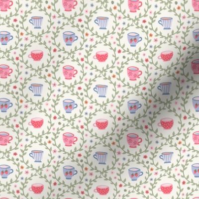 Spring garden tea party floral strawberry leaves blue pink green on cream - EXTRA SMALL SCALE