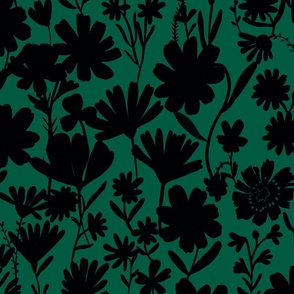 Large - Silhouette flowers - black and Forest Green - Painterly meadow floral