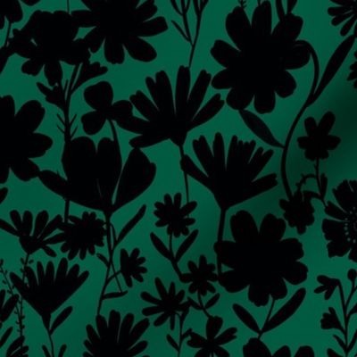 Medium - Silhouette flowers - black and Forest Green - Painterly meadow floral