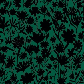 Medium - Silhouette flowers - black and Forest Green - Painterly meadow floral