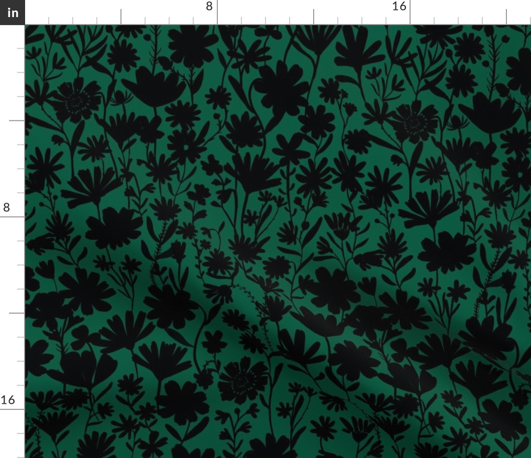 Medium - Silhouette flowers - black and Forest Green - Painterly meadow floral
