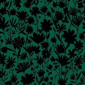 Small - Silhouette flowers - black and Forest Green - Painterly meadow floral