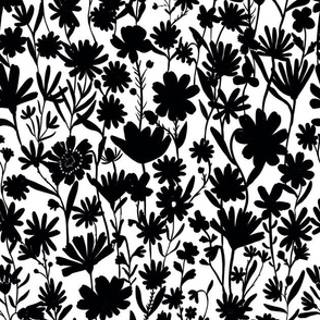 Medium - Silhouette flowers - black and white - Painterly meadow floral