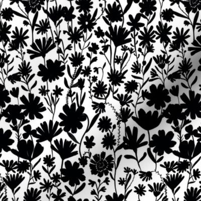 Small - Silhouette flowers - black and white - Painterly meadow floral