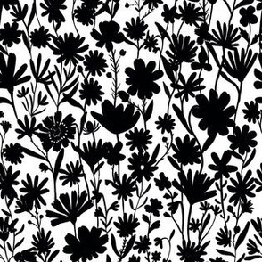 Small - Silhouette flowers - black and white - Painterly meadow floral