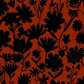 Large - Silhouette flowers - black and Hot Fudge red brown - Painterly meadow floral