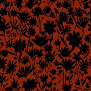 Medium - Silhouette flowers - black and Hot Fudge red brown - Painterly meadow floral