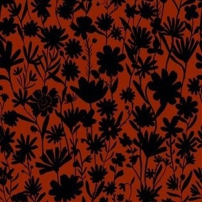 Small - Silhouette flowers - black and Hot Fudge red brown - Painterly meadow floral