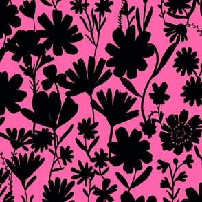 Large - Silhouette flowers - black and Hot Pink - Painterly meadow floral