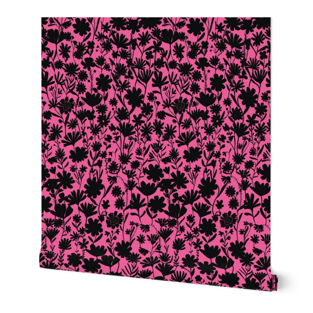 Medium - Silhouette flowers - black and Hot Pink - Painterly meadow floral